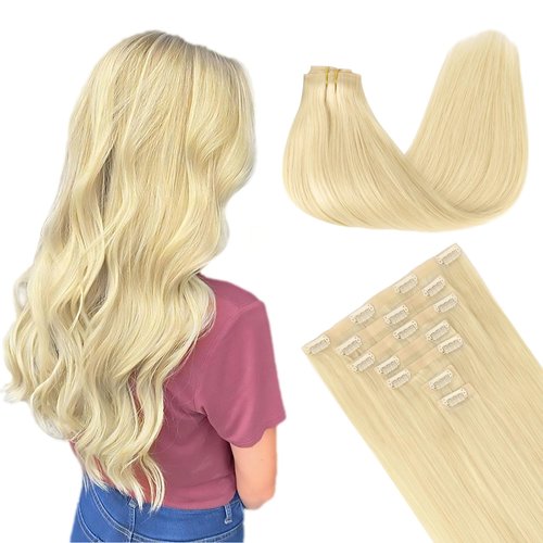 GOO GOO Clip in Hair Extensions Real Human Hair, 16inch 130g 7Pcs, 613R Bleach Blonde, Remy Human Hair Extensions Clip ins for Women, Natural Human Hair