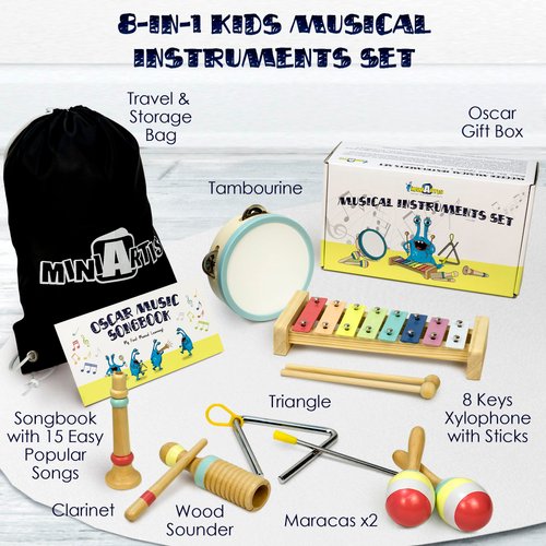 MINIARTIS Baby Musical Instruments - Montessori Musical Toys for Toddlers 1-3 | Neutral Colors Wooden Percussion Set | Modern Boho Xylophone for Kids with 15 Songbook, Preschool Educational Toys