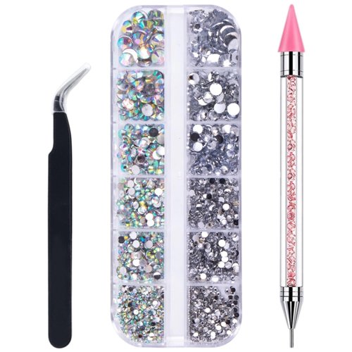 Nail Rhinestones Kit 1500PCS Crystal AB Rhinestones, Nail Gems with Rhinestone Picker Tool, Flatback Rhinestones for Crafting Bedazzling Face Makeup Nail Art