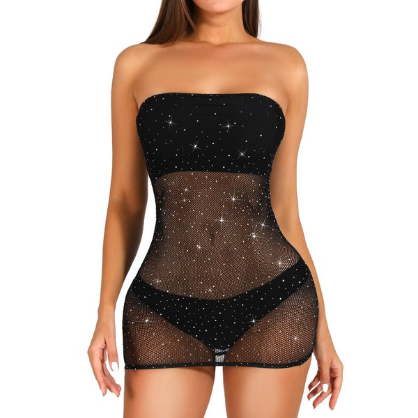 Meet the secret Women Lingerie Fishnet Bodysuit Sparkle Rhinestone Sexy Mesh Teddy Lingerie Women's Bodysuit Tops Lingerie Set (Black 1 Pcs)……