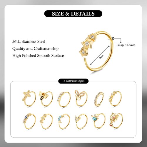 Dochais 12PCS Nose Rings Hoop 20G Nose Rings for Women Surgical Stainless Steel Nose Piercing Dangle Nose Ring Cartilage Earring Jewelry
