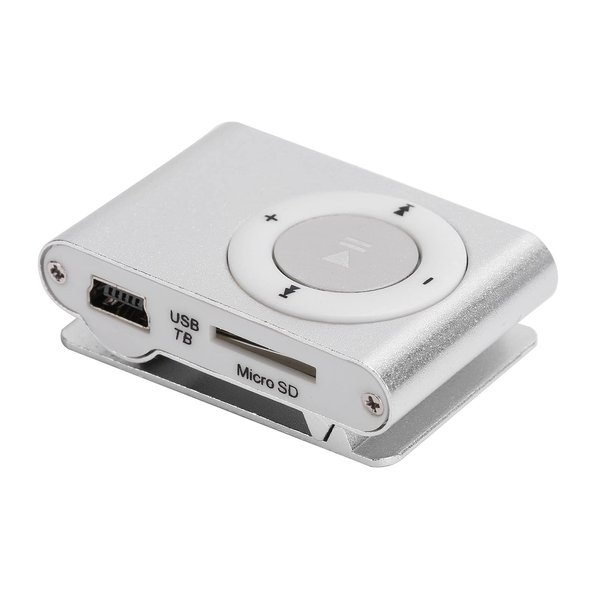 Mini MP3 Player, Portable Mini MP3 Player with Back Clip Sports MP3 Player with Earphone and USB Cable, Digital Media Player Built in Card Slot (Silver)