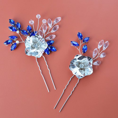 Beusoulover Hair Clip, 2 Pieces Sapphire Blue Crystal Hair Pins for Women, Brides, Bridesmaids, Prom, Handmade Rhinestone Bridal Hair Accessories