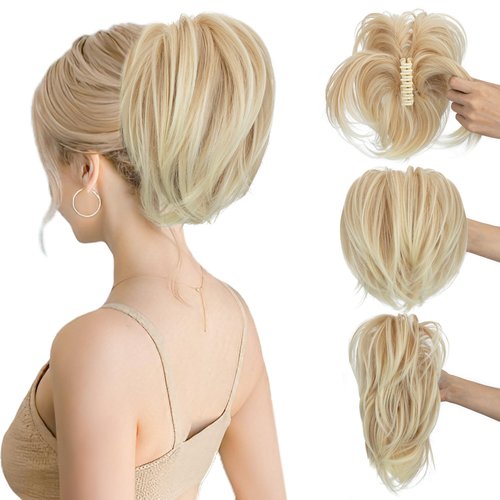SEGO Claw Clip Short Ponytail Extension Messy Bun Hair Piece With 4 Bendable Metals DIY Synthetic Fake Hair Bun For Women 8 Inch-#24T613 Neutral Blonde to Bleach Blonde