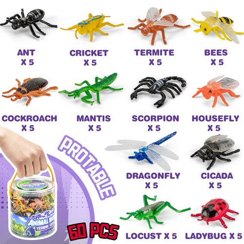 60 Piece Mini Insect Toys with Gift Box, Plastic Bug Figure for Kids, Fake Bug Theme Party Decoration, School Project Sensory Bins, Classroom Reward, Halloween Goody Bag Filler Gift, Cupcake Topper