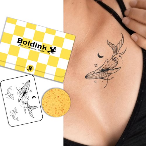 Boldink Semi-permanent tattoos, realistic fake tattoos, last 7-15 days, waterproof non-reflective temporary tattoo stickers, cruelty-free, uniquely designed exquisite packaging（Whales）