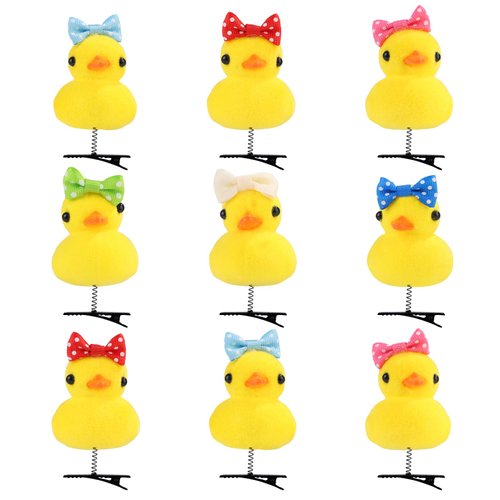 9pcs Yellow Duck Hair Clips, Cute Duck Hairpins Soft Cartoon Plush Duck Hair Barrettes Hair Accessories for Festive Atmosphere Decoration (Random Color Bow)