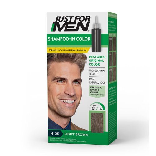 Just For Men Shampoo-In Color (Formerly Original Formula), Mens Hair Color with Keratin and Vitamin E for Stronger Hair - Light Brown, H-25, Pack of 1