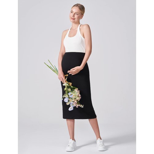 POSHDIVAH Women's Maternity Skirt Over The Belly Midi High Waisted Solid Stretchy Pregnancy Pencil Skirt Black Medium
