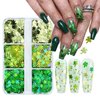 6 Grids St. Patrick's Day Nail Art Glitters 3D Holographic Green Shamrock Nail Art Stickers Irish Nail Sequins Sparkle Confetti Flakes Clover Nail Design for Women DIY St Patricks Day Nail Decorations