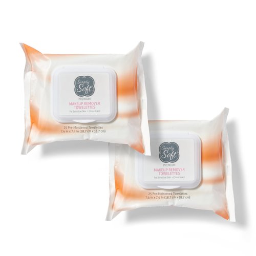 Simply Soft Makeup Remover Wipes, Premium Facial Cleansing Towelettes, Citrus Scent, Hypoallergenic, pH Balanced, 25 ct. (2 Flip-top Packs)