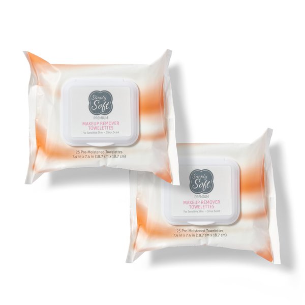 Simply Soft Makeup Remover Wipes, Premium Facial Cleansing Towelettes, Citrus Scent, Hypoallergenic, pH Balanced, 25 ct. (2 Flip-top Packs)