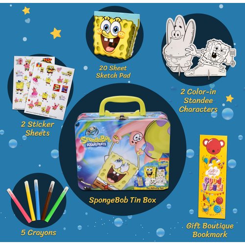 SpongeBob SquarePants Coloring and Activity Tin Box for Kids, with Crayons, Stickers, Sketch Pad, Mess Free Crafts Color Kit for Toddlers, Boys, and Girls Bookmark Included