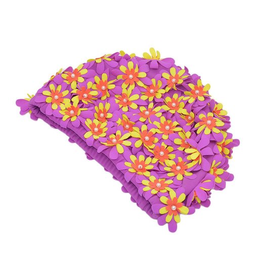 Medifier Swim Cap Floral Petal Retro Style Bathing Caps for Women Purple