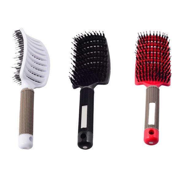3 Pieces Quick Drying Boar Bristle Brush Detangler Brush Curved Vented Hair Brush for Long Thick Thin Curly Wet Hair for Women Men Kids (White, Red and Black)