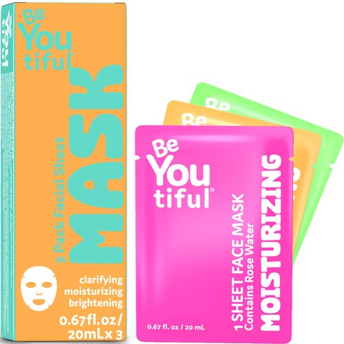 BeYOUtiful Face Mask Skincare Sheets Set of 3, Hydrating Spa Facial Masks, Preppy Skin Care for Teens, Tweens, Kids, Women and Girls, Sleepover Slumber Party Supplies and Gifts, for Ages 8-17