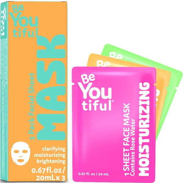 BeYOUtiful Face Mask Skincare Sheets Set of 3, Hydrating Spa Facial Masks, Preppy Skin Care for Teens, Tweens, Kids, Women and Girls, Sleepover Slumber Party Supplies and Gifts, for Ages 8-17