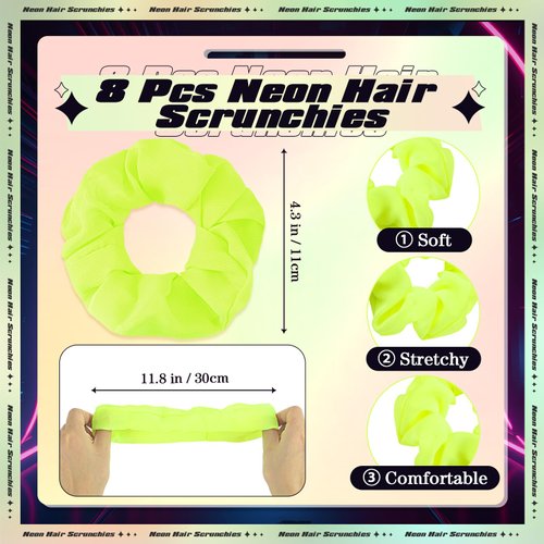 Yunlly 8 Pack Neon Hair Scrunchies, 4 Pairs Dangle Earrings for Women's Party Outfits (Lightning Style)