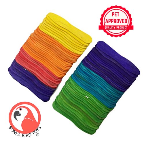 Bonka Bird Toys Natural and Colored Ice Cream Sticks Foot Talon Craft Part Pet Parrot, Conures, Parakeets, Ringnecks, and Similar Breeds (1229 Pk80 Colored)