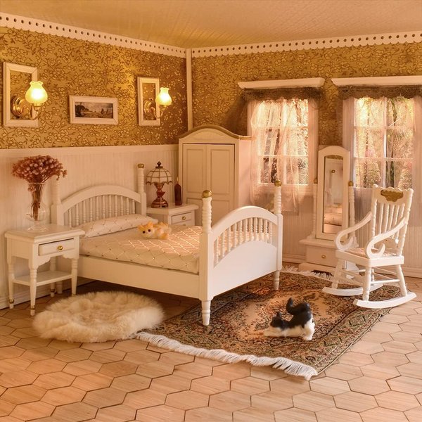 iLAND Victorian Dollhouse Furniture 1/12 Scale, Brewster Dollhouse Bedroom Furniture Set (White & Gold)