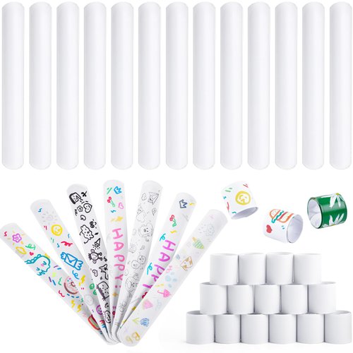 LovesTown 54PCS Slap Bracelets White, Party Slap Bracelets DIY Wrist Bands Bulk Blank Snap Band f...