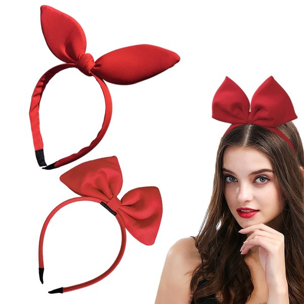 AEGYPIUS Big Bunny Ears Headband Furry Rabbit Ear Headband Big Red Bow Headbands for Women Red bow headband Hair Band Bow Headdress for Girls Perfect Hair Accessories for Party and Cosplay
