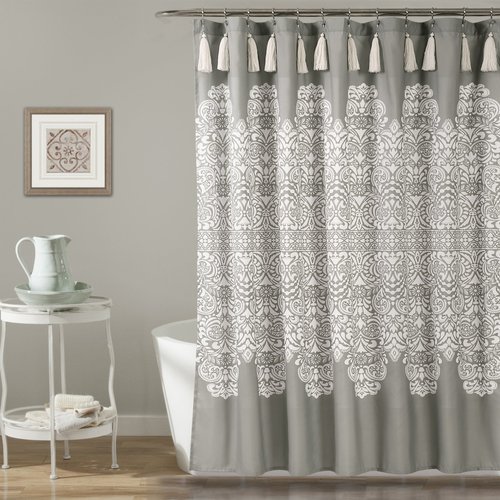 Lush Decor, 72" x 72", Gray Boho Medallion Shower Curtain-Fabric Bohemian Damask Print Design with Tassels