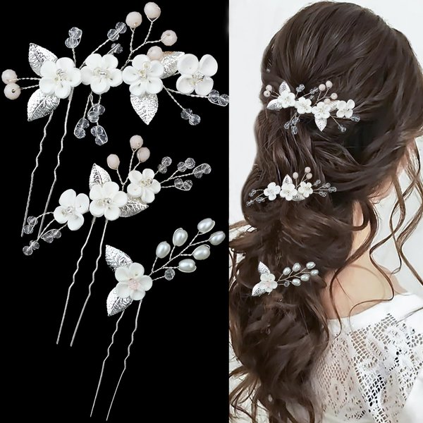 3PCS Flower Bridal Hair Pins Pearl Bride Wedding Hair Accessories Flower Wedding Hair Pins Rhinestone Hair Piece for Women and Girls (Silver)