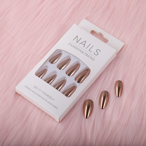 24PCS Press On Nails, Mirror Metal Stiletto Fake Nails, Almond Medium Shape, Stick on Nails, Glue on Nails False Nails (Bronze)