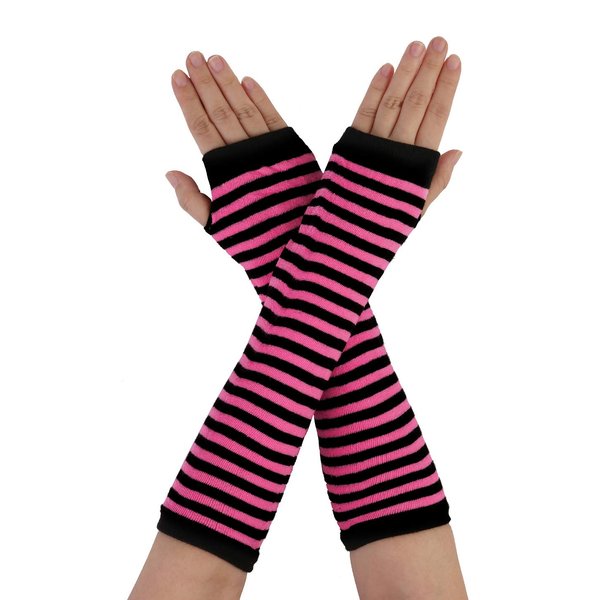 Allegra K Women's Fingerless Gloves Printed Elbow Length Knitted Arm Warmers One Size Black With Pink