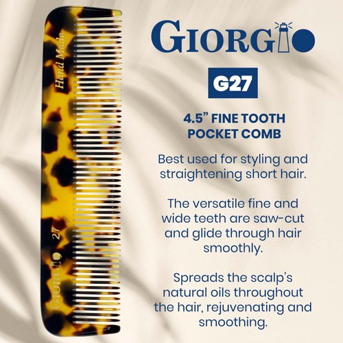 Giorgio G27 Handmade All Fine Tooth Pocket Comb, Hair Comb Straightener for Everyday Grooming Styling Hair, Mustache and Beard for Men Women and Kids, Use Dry or with Balms, Saw Cut and Polished