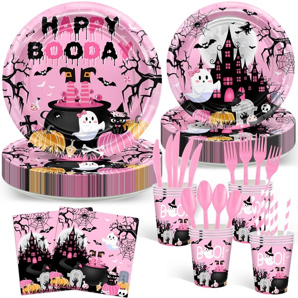 Avezano 192 Pcs Pink Halloween Birthday Party Decorations Halloween Happy Boo Day Party Plates and Napkins Party Supplies Halloween Little Boo Ghost Bday Tableware Decor for Girl Serve 24