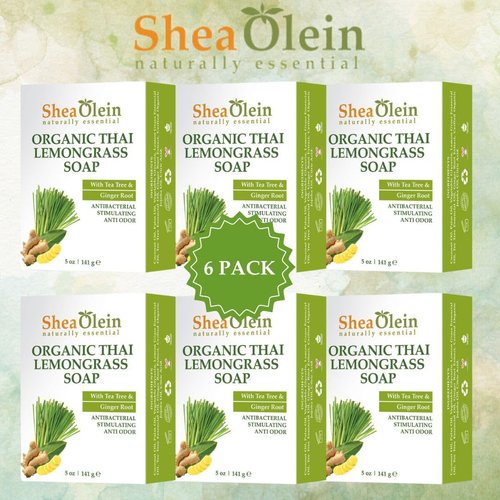 Shea Olein Natural Bar Soap - Organic Thai Lemongrass Soap Bar, Antibacterial & Anti Odor, With Tee Tree & Ginger Root - Refreshing Lemon Bar Soap for Balanced Skin PH (5 oz, 6 Bars)