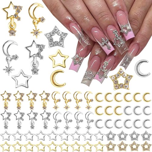 70Pcs Star Nail Charms, 3D Nail Art Charms for Nail Accessories, Moon Nail Rhinestones Crystal Pentagram Nail Gems, Nail Art Supplies for Women Girls, DIY Crafts Jewelry Decoration Professional