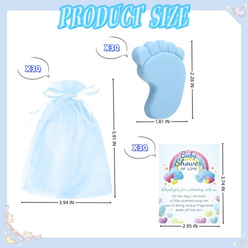 30 Sets Baby Shower Favors Refreshing Foot Soap Perfect Baby Shower Favors for Guests, Gifts, and Prizes with Organza Bags Thanks Cards (Blue)