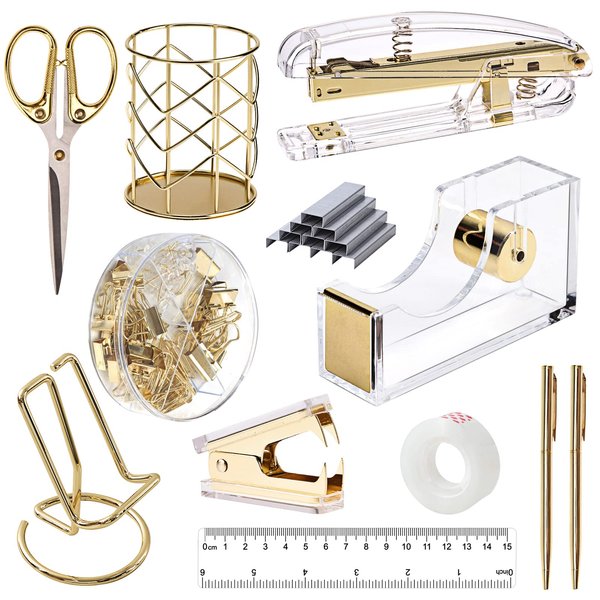 EOOUT Gold Office Supplies Set Desk Accessories, Acrylic Stapler Set Staple Remover, Phone Holder, Tape Holder, Pen Holder, 2 Ballpoint Pen, Scissor, Binder Clips, Ruler, Transparent Glue and Staples.