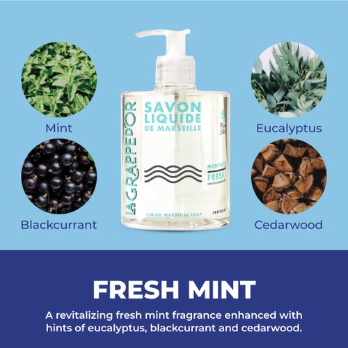 La Grappe d'Or Fresh Mint Marseille Hand Soap with Essential Oils | Handmade in France from Moisturizing Organic Olive & Coconut Oil | Natural, Cruelty-Free & Vegan, 16.90 oz Liquid