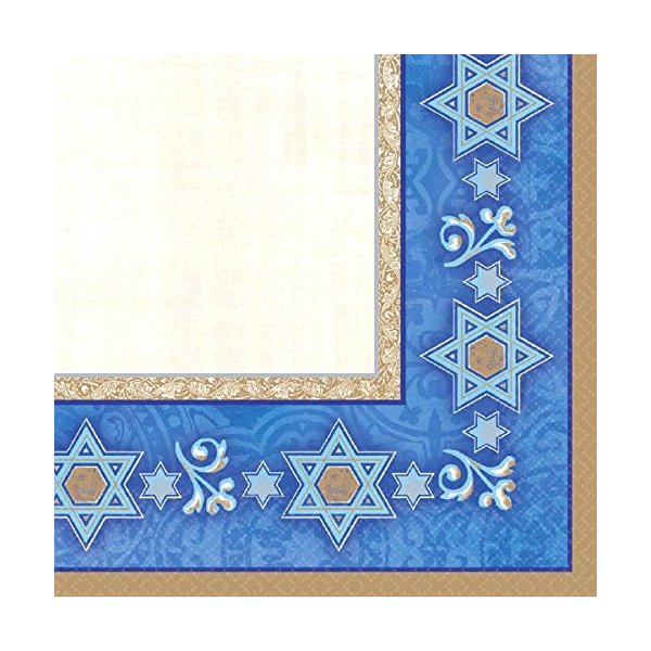Amscan Deferential Lunch Napkins Jewish Celebrations Party Supplies, 6.5 x 6.5, Gold/Blue/Ivory