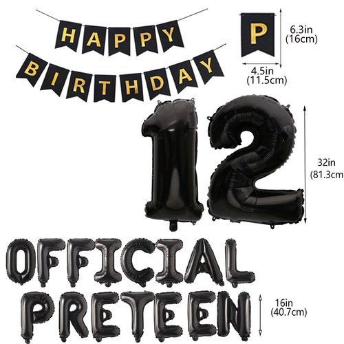 12th Birthday Decorations for Boys, Happy 12th Birthday Banner Official Pre-Teen Balloons Foil Balloons for 12 Years Old Birthday Anniversary Supplies Boys (Black)