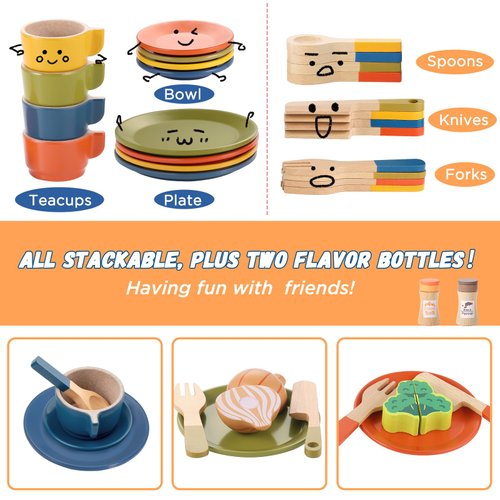 GAGAKU Wooden Play Food Sets for Kids Kitchen,Montessori Wooden Play Food Toys Play Plates and Dishes for Kids Wooden Play Kitchen Accessories Play Dishes for Toddler Boys Girls Gifts