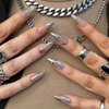 MERVF Medium Press on Nails Almond Fake Nails Press ons 3D Sliver French Tip Glue on Nails Goth Stiletto Acrylic Nails with Chrome Design 24pcs Glossy