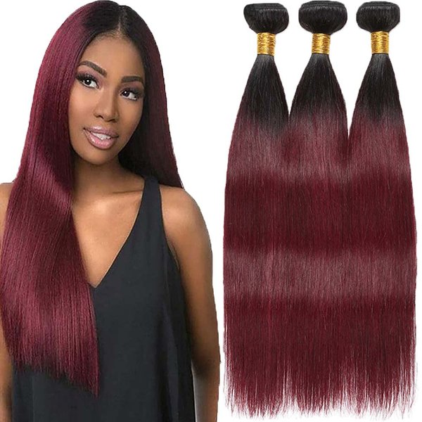 BilltiiWW Ombre Burgundy Straight Human Hair Bundles 1B99j Straight Bundles Black and Wine Red Two Tone Brazilian Human Hair Extensions Soft and Silky for Black Women 18 20 22 Inch