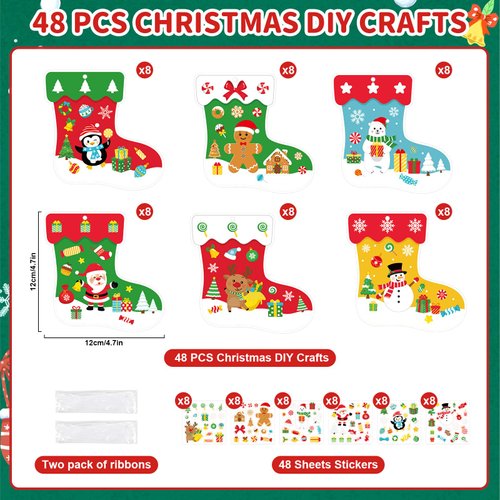 COCHIE 48Pcs DIY Christmas Craft Kits for Kids, Christmas Tree Stockings Ornaments Kit, Make Your Own Christmas Stockings Craft Xmas Party Decor DIY Stockings Cutouts for Holiday Handcraft Supplies