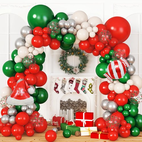 Amandir 167PCS Christmas Balloons Garland Arch Kit, Green Red Silver Balloons for New Year Holiday Merry Xmas Christmas Party Decorations Supplies