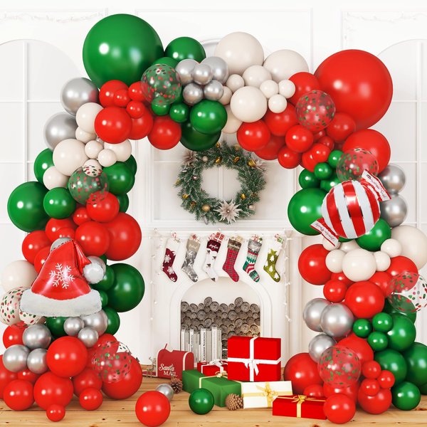 Amandir 167PCS Christmas Balloons Garland Arch Kit, Green Red Silver Balloons for New Year Holiday Merry Xmas Christmas Party Decorations Supplies