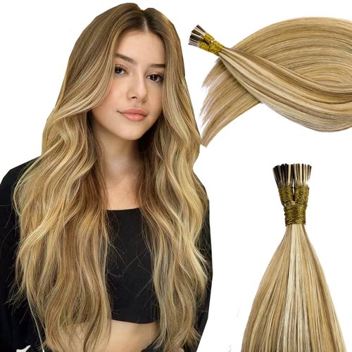 KiiKiiGirl Virgin Remy I Tip Hair Extensions Human Hair #18/613 Dark Blonde Highlighted Bleach Blonde Real Itip Human Hair Extensions 22Inch Pre Bonded I Tips Human Hair Extensions 30G/Pack