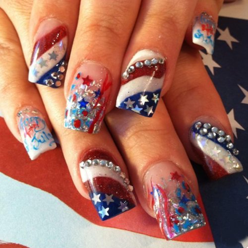 Independence Day Press on Nails Medium Square Artificial Acrylic Nails Stars Tricolor Stripe and Rhinestones Design Full Cover False Nails July 4 Fake Nails Glue on Nails for Women Festival Nails