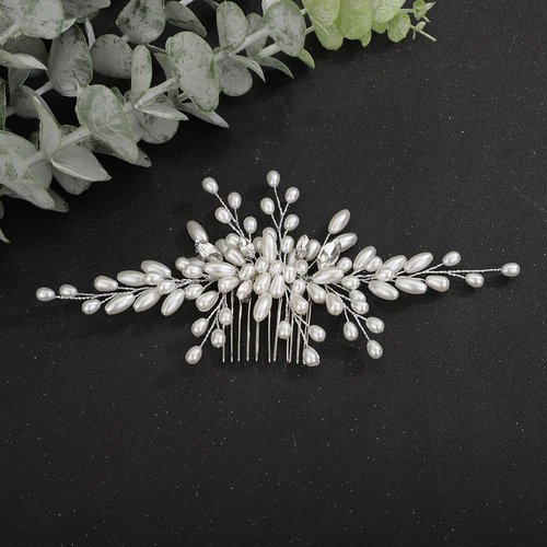 Teyglen Wedding Hair Comb Bridal Pearl Hair Comb with Rhinestone Vintage Pearl Headpieces Handmade Gold Silver Pearl Beads Crystal Hair Pieces Hair Accessories for Women Bride Girls (Silver)