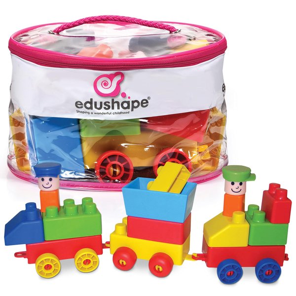 Edushape Train-Themed Soft Baby Blocks for Toddlers 1-3, 30 Pieces - Easy Storage in PVC Bag - Edu-Blocks Soft Blocks Foam Blocks - Stacking Blocks Building Blocks for Daycares and Preschools