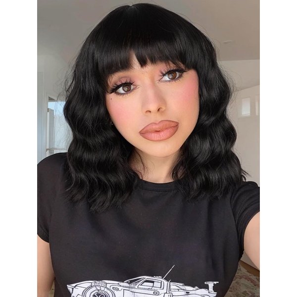 Fancy Hair Black Wavy Bob Wig for Black Women Short Wavy Wig with Bangs Glueless Wear and Go Synthetic Shoulder Length Bob for Girl Women Daily Party Use